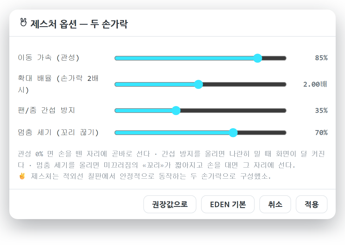이동 가속·확대 배율·팬/줌 간섭 방지·멈춤 세기 네 슬라이더가 든 제스처 옵션 창
